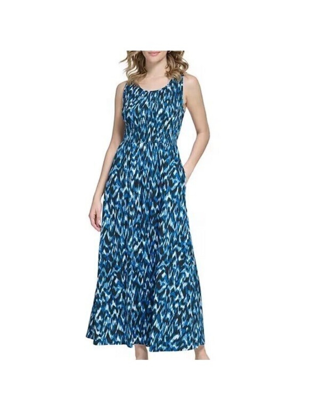 Calvin Klein Printed Crew Neck Sleeveless Smocked A-Line Maxi Dress M [COPY]